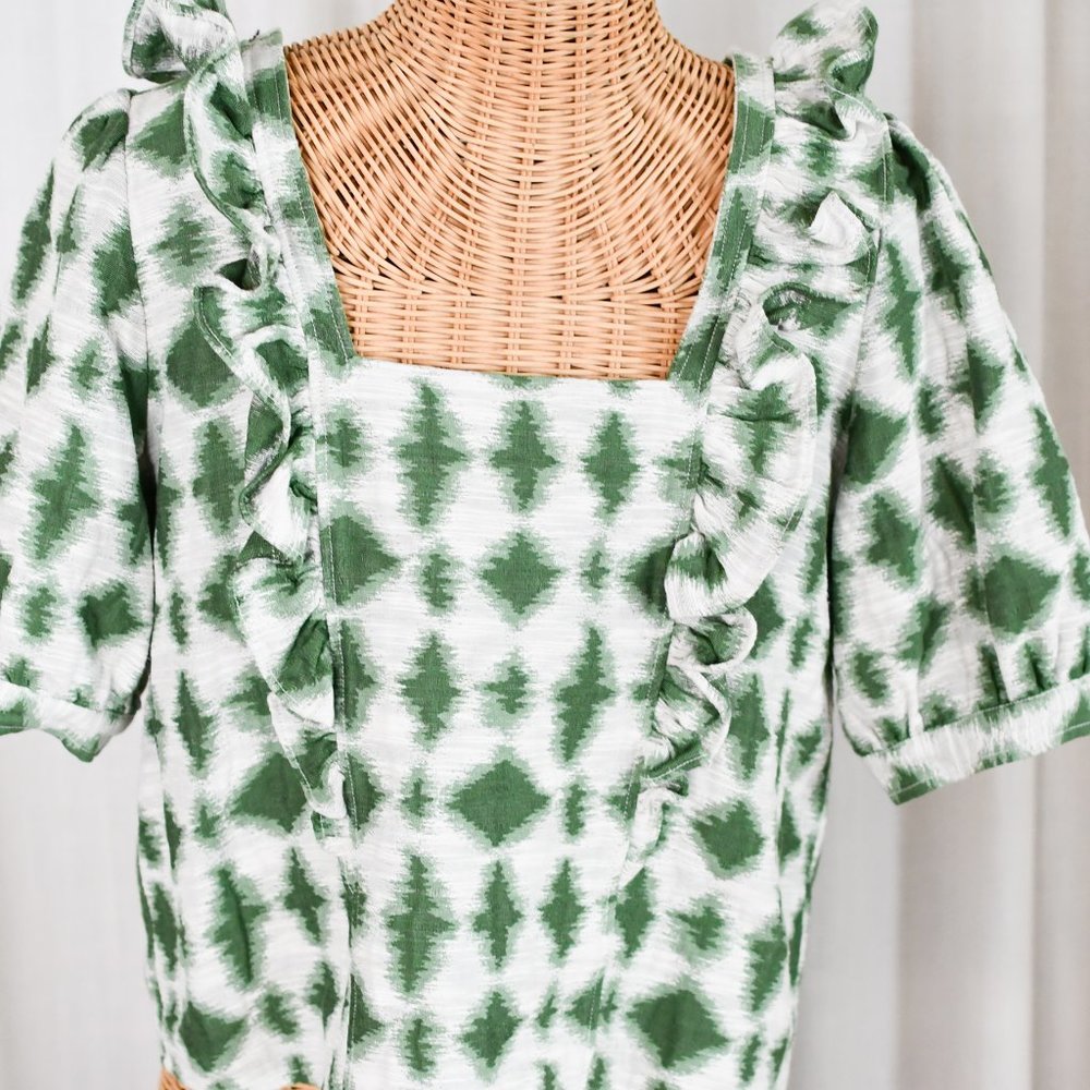 Sezane Green Tapestry Puff Sleeve Blouse